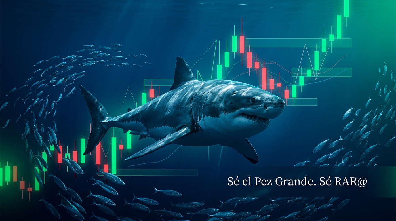 Portada del curso: un tiburón entre peces pequeños con velas del mercado.